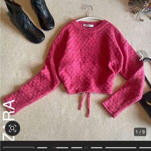 Zara Pink Fuzzy Knit Drawstring Sweater